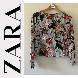 Zara Blue Pink Tropical Floral Dressy Long Sleeve Blouse Top Pockets Women's XS